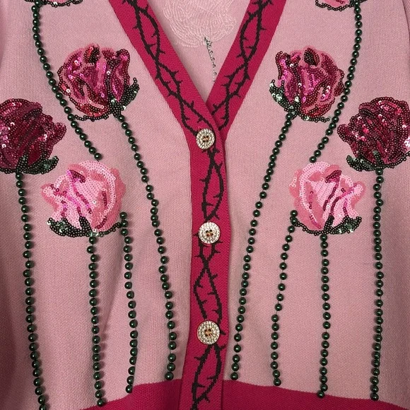 QUEEN OF SPARKLES Pink Rose Embellished Cardigan - Picture 6 of 9